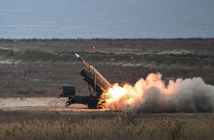 A Patriot rocket launcher of the Romanian army fires a PAC-2 ATM missile during an army drill at the Capu Midia military shooting range next to the Black Sea November 15, 2023. The U.S.-designed system's target technology depends on gallium-based semiconductors. 
